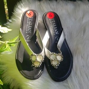 Italian Shoemakers Peppy beaded thong sandals flower crystal wedge pewter